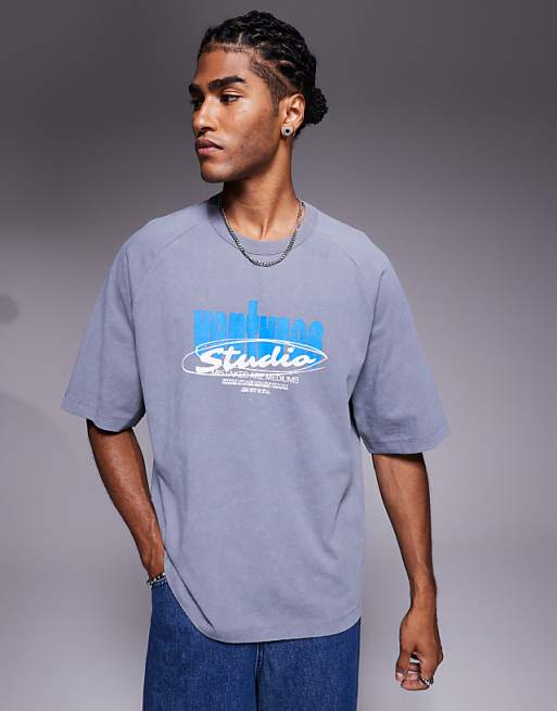 ASOS DESIGN relaxed fit t-shirt with studio ventures graphic in washed grey