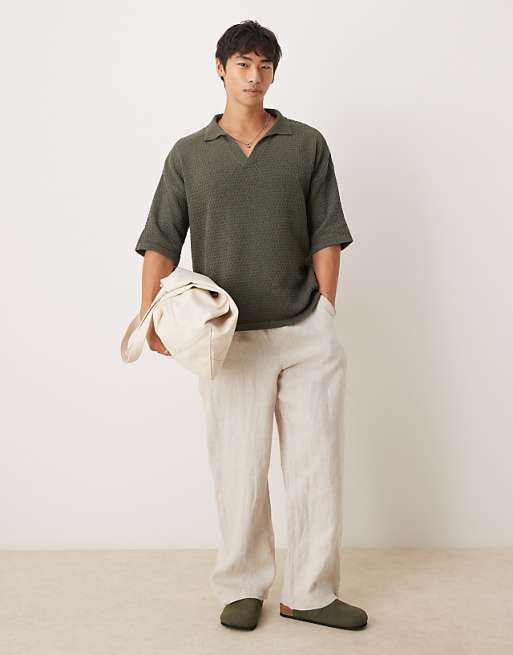 ASOS DESIGN Relaxed Fit Textured Knitted Notch Neck Polo In Dark Green