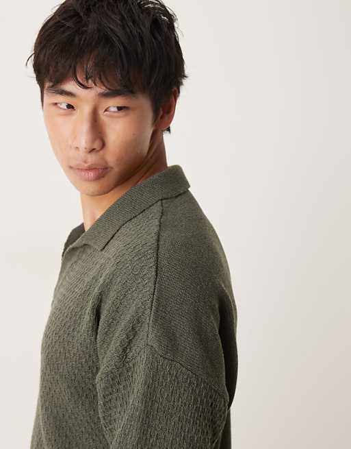 ASOS DESIGN Relaxed Fit Textured Knitted Notch Neck Polo In Dark Green