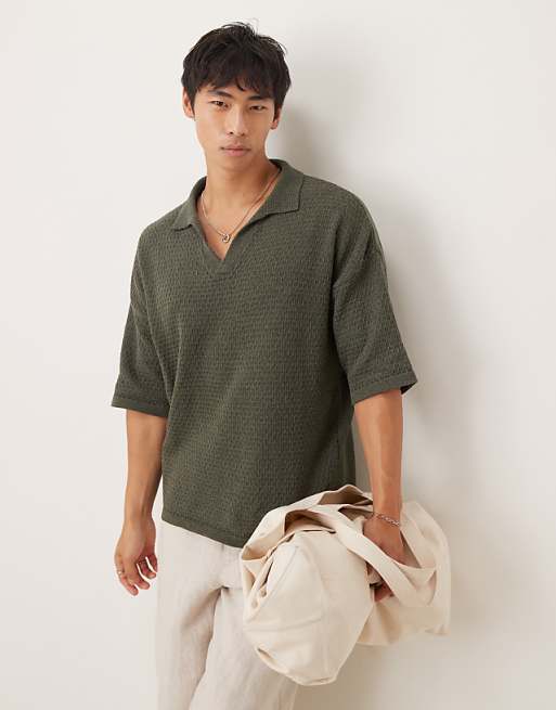 ASOS DESIGN relaxed fit textured knitted notch neck polo in dark green