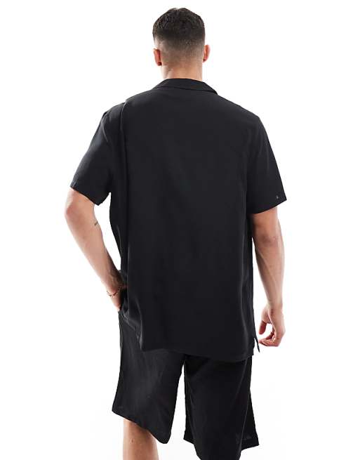 ASOS DESIGN Relaxed Fit Viscose Shirt With Low Revere Collar In Black