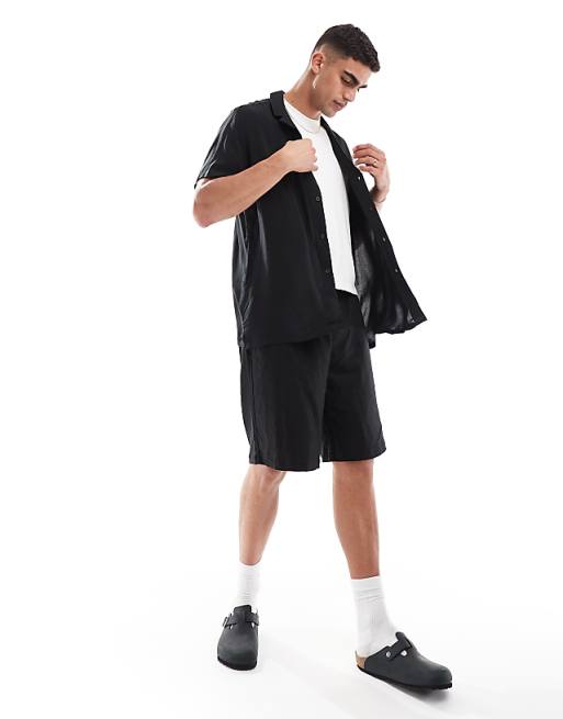 ASOS DESIGN Relaxed Fit Viscose Shirt With Low Revere Collar In Black