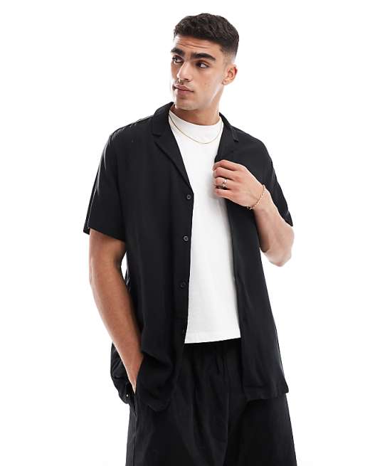 ASOS DESIGN Relaxed Fit Viscose Shirt With Low Revere Collar In Black
