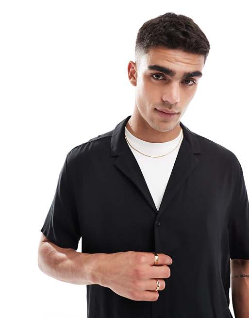 ASOS DESIGN relaxed fit viscose shirt with low revere collar in black