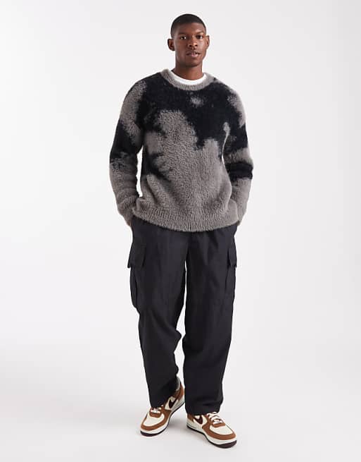 ASOS DESIGN Relaxed Fluffy Knitted Jumper In Black And Grey Abstract Print