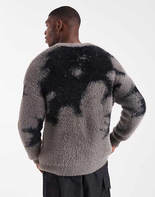 ASOS DESIGN Relaxed Fluffy Knitted Jumper In Black And Grey Abstract Print