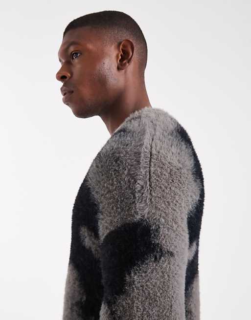ASOS DESIGN Relaxed Fluffy Knitted Jumper In Black And Grey Abstract Print