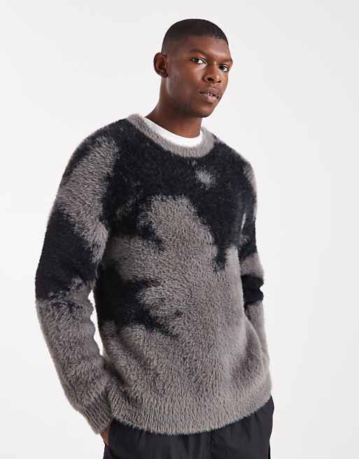 ASOS DESIGN relaxed fluffy knitted jumper in black and grey abstract print