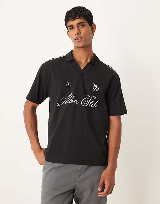 ASOS DESIGN relaxed heavyweight polo with print in black
