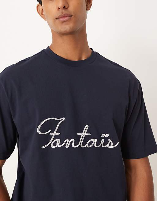 ASOS DESIGN Relaxed Heavyweight T-shirt With Text Embroidery In Navy