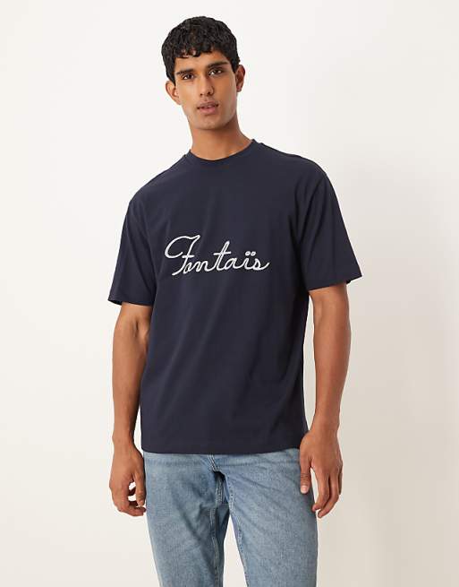 ASOS DESIGN relaxed heavyweight t-shirt with text embroidery in navy