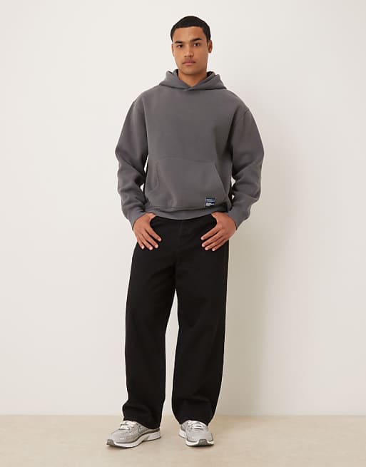 ASOS DESIGN Relaxed Hoodie With Woven Label In Washed Charcoal