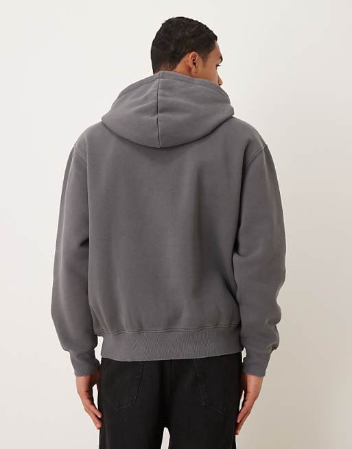 ASOS DESIGN Relaxed Hoodie With Woven Label In Washed Charcoal