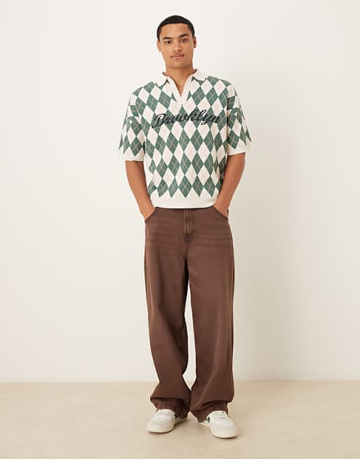 ASOS DESIGN Relaxed Knitted Argyle Print Polo With Brooklyn Graphic In Cream And Green