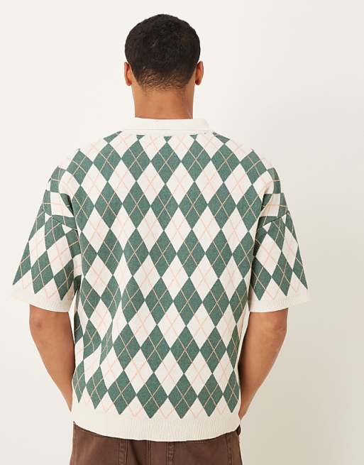 ASOS DESIGN Relaxed Knitted Argyle Print Polo With Brooklyn Graphic In Cream And Green