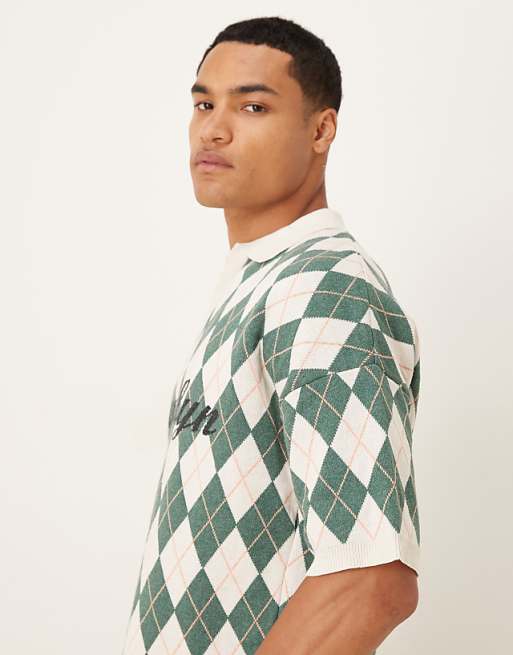 ASOS DESIGN Relaxed Knitted Argyle Print Polo With Brooklyn Graphic In Cream And Green