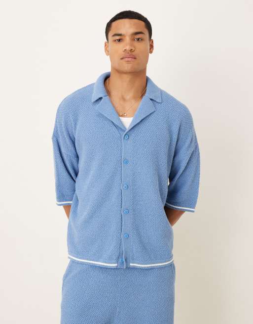ASOS DESIGN Relaxed Knitted Button Through Polo Shirt And Shorts Co-ord In Light Blue