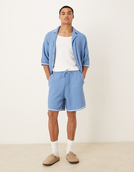ASOS DESIGN relaxed knitted button through polo shirt and shorts co-ord in light blue