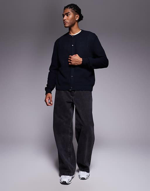 ASOS DESIGN Relaxed Knitted Crew Neck Cardigan In Navy