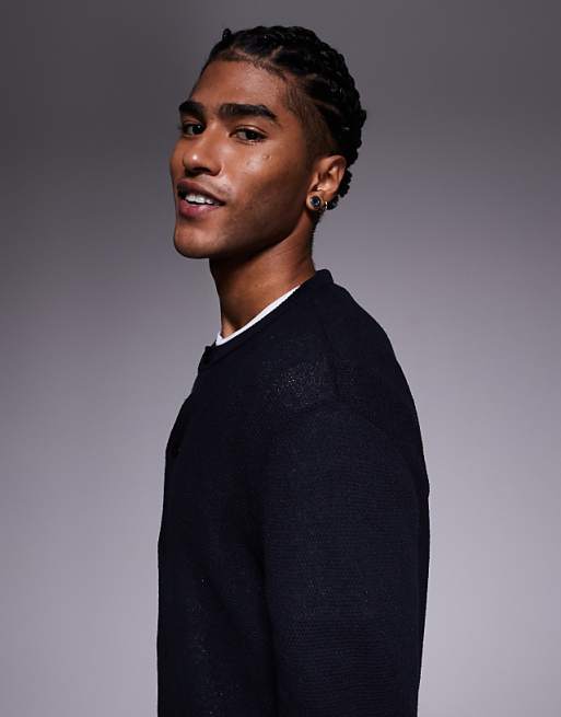 ASOS DESIGN Relaxed Knitted Crew Neck Cardigan In Navy