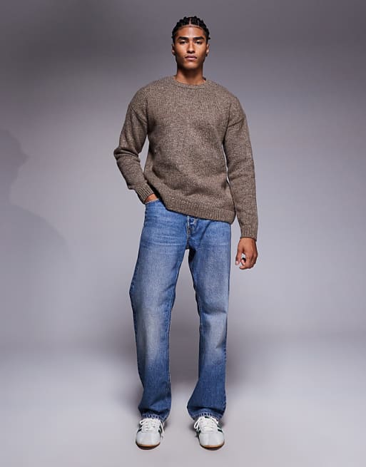 ASOS DESIGN Relaxed Knitted Crew Neck Jumper In Brown Marl