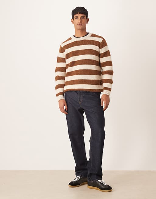 ASOS DESIGN Relaxed Knitted Crew Neck Jumper In Brown And Beige Stripe