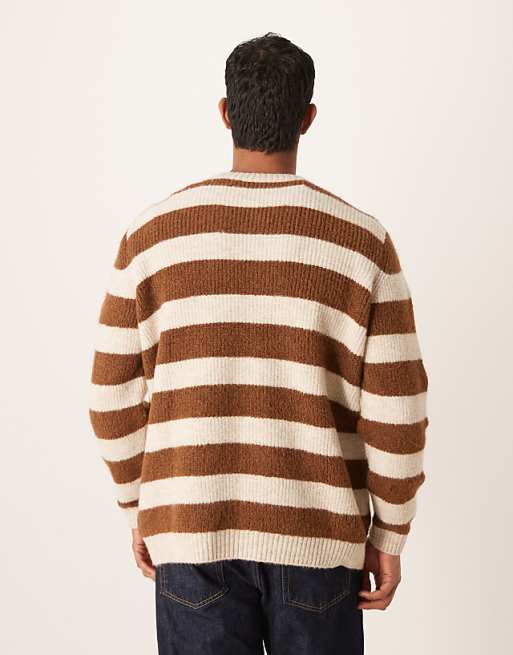 ASOS DESIGN Relaxed Knitted Crew Neck Jumper In Brown And Beige Stripe