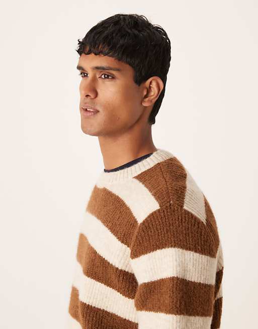 ASOS DESIGN Relaxed Knitted Crew Neck Jumper In Brown And Beige Stripe