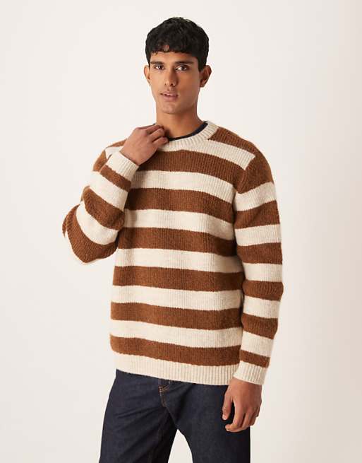 ASOS DESIGN relaxed knitted crew neck jumper in brown and beige stripe