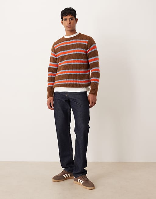 ASOS DESIGN Relaxed Knitted Crew Neck Jumper In Brown And Orange Stripe
