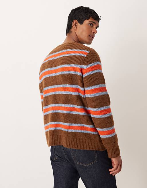 ASOS DESIGN Relaxed Knitted Crew Neck Jumper In Brown And Orange Stripe