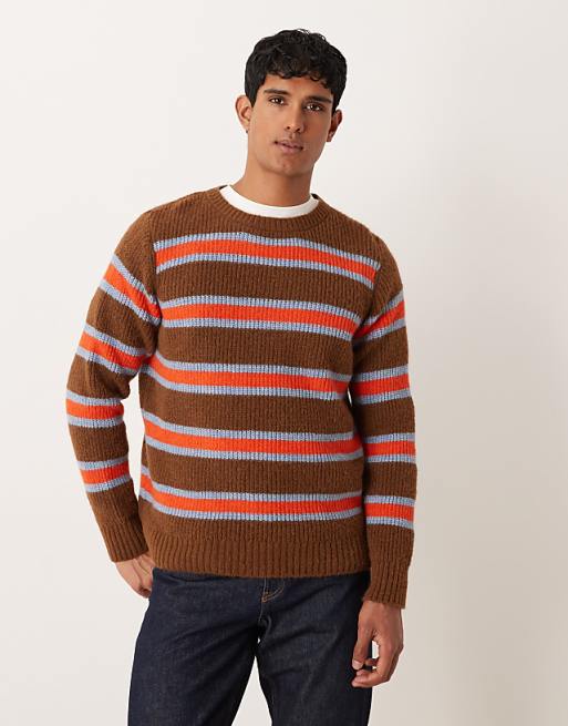 ASOS DESIGN relaxed knitted crew neck jumper in brown and orange stripe