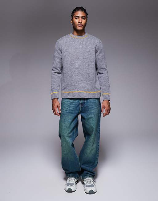 ASOS DESIGN Relaxed Knitted Crew Neck Jumper In Charcoal With Contrast Stitch