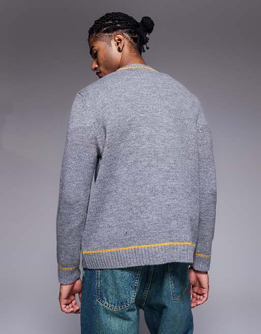 ASOS DESIGN Relaxed Knitted Crew Neck Jumper In Charcoal With Contrast Stitch