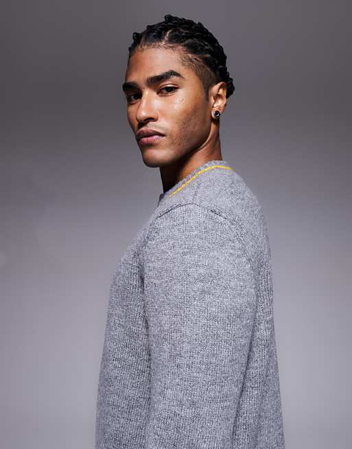 ASOS DESIGN Relaxed Knitted Crew Neck Jumper In Charcoal With Contrast Stitch