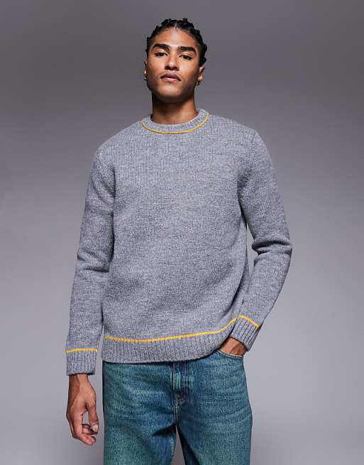 ASOS DESIGN relaxed knitted crew neck jumper in charcoal with contrast stitch