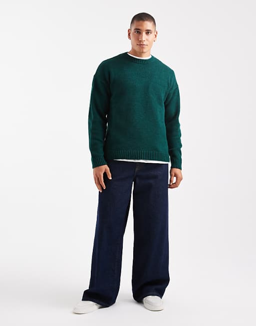 ASOS DESIGN Relaxed Knitted Crew Neck Jumper In Dark Green