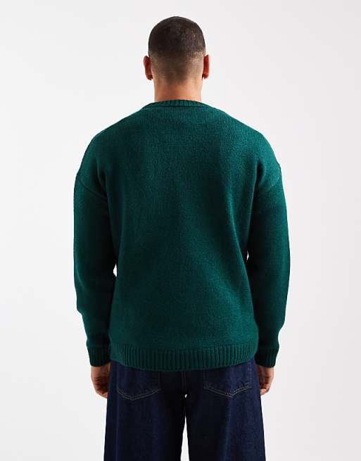 ASOS DESIGN Relaxed Knitted Crew Neck Jumper In Dark Green