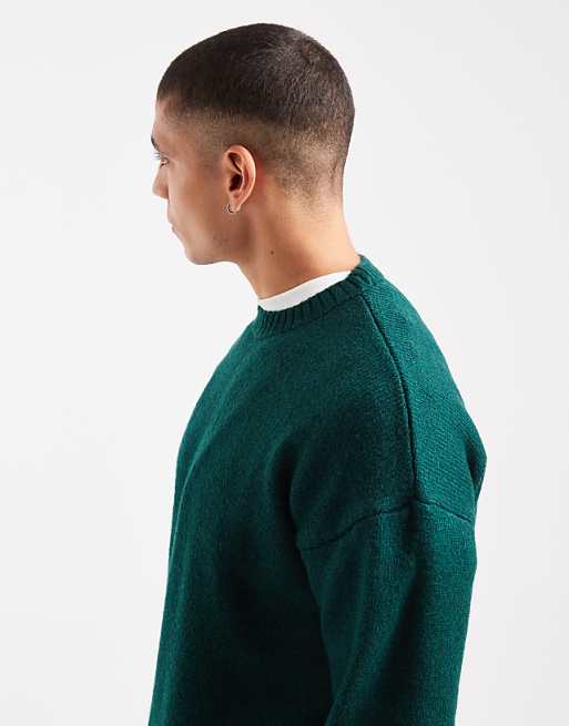 ASOS DESIGN Relaxed Knitted Crew Neck Jumper In Dark Green