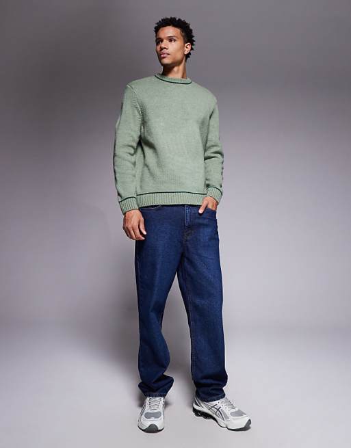 ASOS DESIGN Relaxed Knitted Crew Neck Jumper In Green With Contrast Stitch