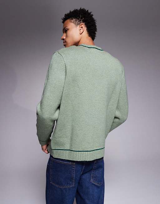 ASOS DESIGN Relaxed Knitted Crew Neck Jumper In Green With Contrast Stitch