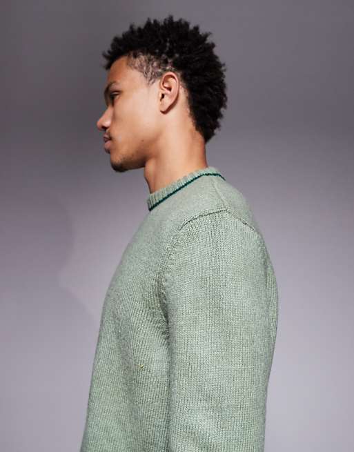 ASOS DESIGN Relaxed Knitted Crew Neck Jumper In Green With Contrast Stitch