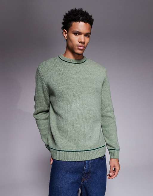 ASOS DESIGN relaxed knitted crew neck jumper in green with contrast stitch