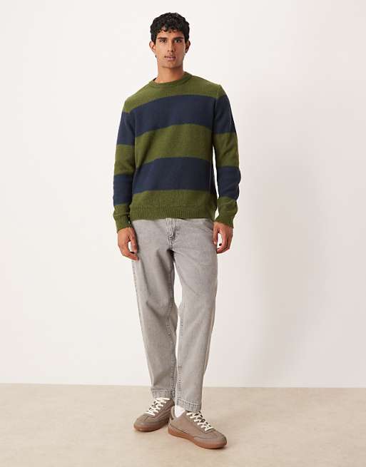 ASOS DESIGN Relaxed Knitted Crew Neck Jumper In Green And Navy Stripe