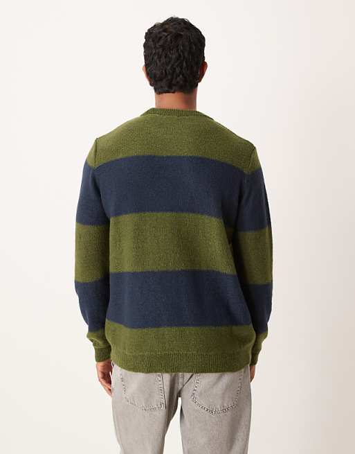 ASOS DESIGN Relaxed Knitted Crew Neck Jumper In Green And Navy Stripe