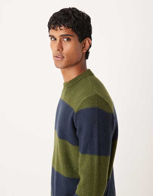 ASOS DESIGN Relaxed Knitted Crew Neck Jumper In Green And Navy Stripe