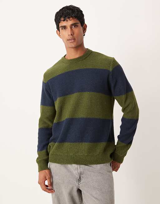 ASOS DESIGN relaxed knitted crew neck jumper in green and navy stripe