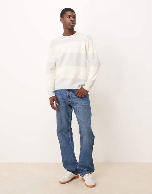 ASOS DESIGN Relaxed Knitted Crew Neck Jumper In Grey And White Stripe