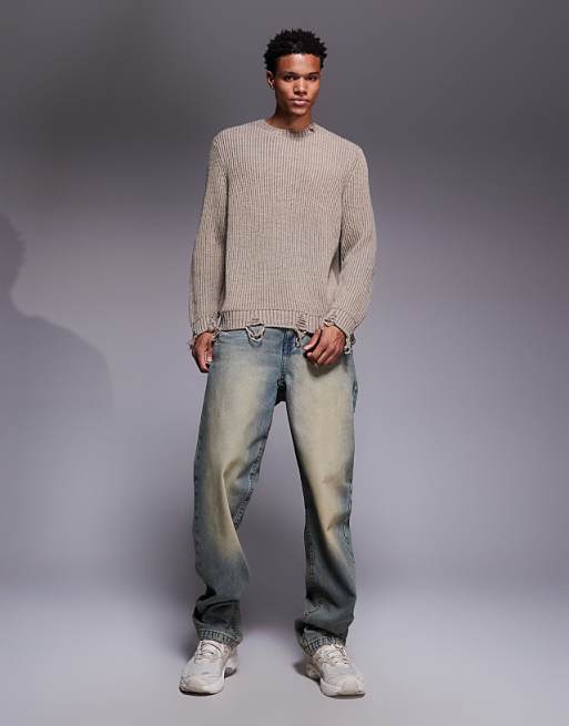 ASOS DESIGN Relaxed Knitted Crew Neck Jumper With Raw Edge In Ecru