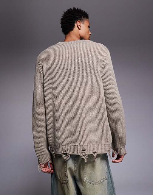 ASOS DESIGN Relaxed Knitted Crew Neck Jumper With Raw Edge In Ecru